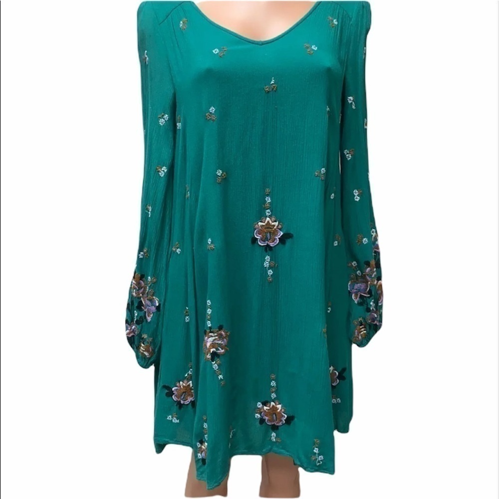 Free people Womens Green Embroidery Round Neck Long Sleeve Tunic Dress Size XS